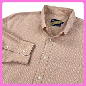 Onward Reserve Label Shirt Linen Blend• Men's LARGE Tan Pink Plaid Long Sleeve